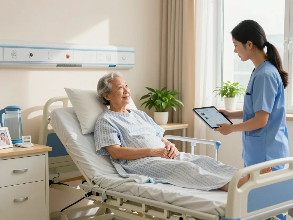 Comfortable giường bệnh nhân in a hospital room with an elderly patient and caregiver adjusting bed height
