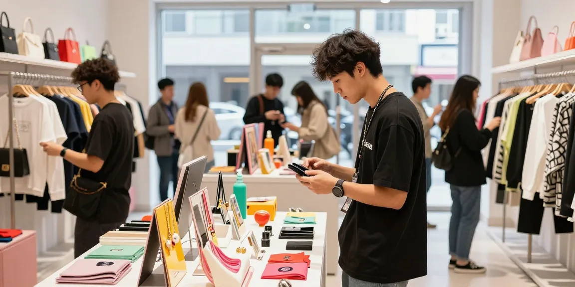 Engaged shopper exploring trendy fashion items at shs-dome5.com in bright, modern retail atmosphere.