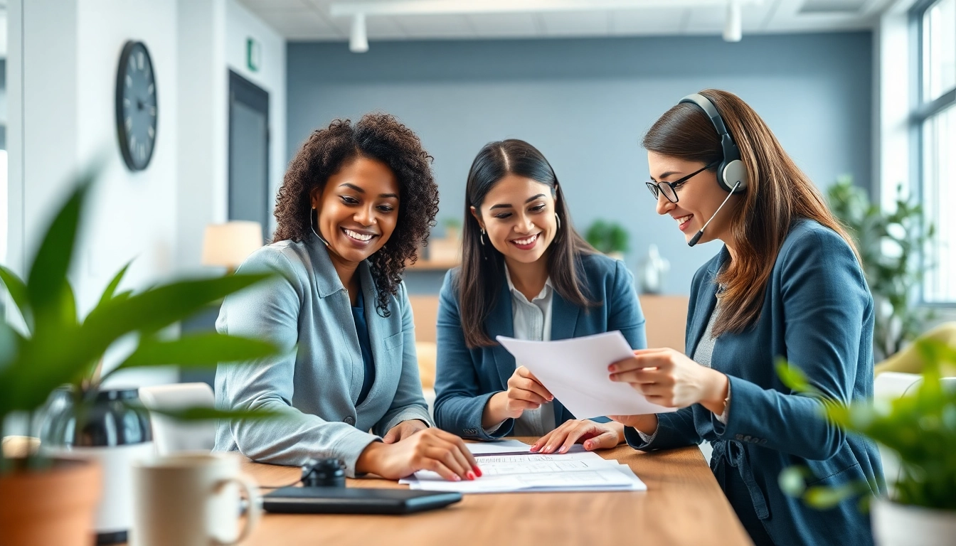 Engaging customer first warranty experience with a diverse team helping a client in a friendly office.