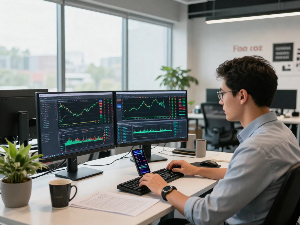 Trader utilizing metatrader 5 on multiple screens in a modern office for financial analysis