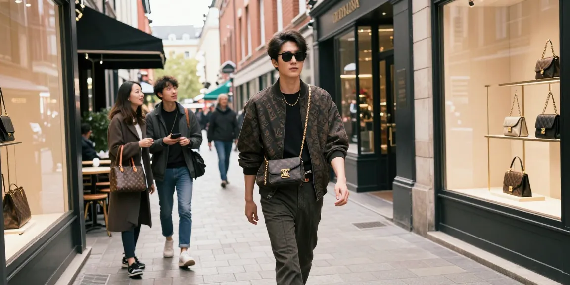 Stylish individual flaunting 명품 레플리카 fashion down a chic urban street