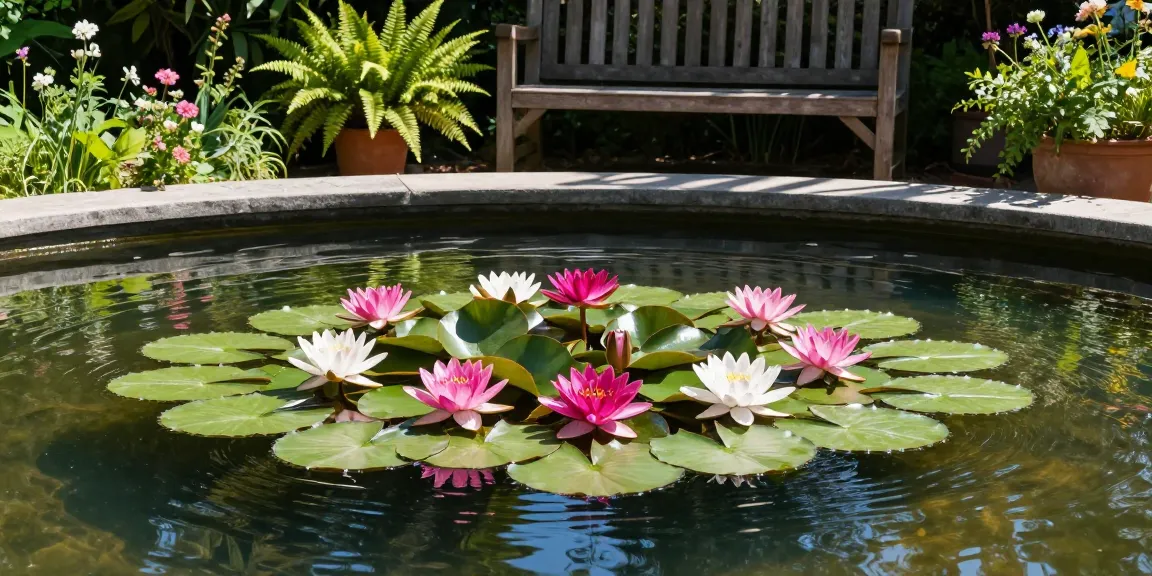 Vibrant water lilies blooming on a serene garden pond surrounded by greenery.