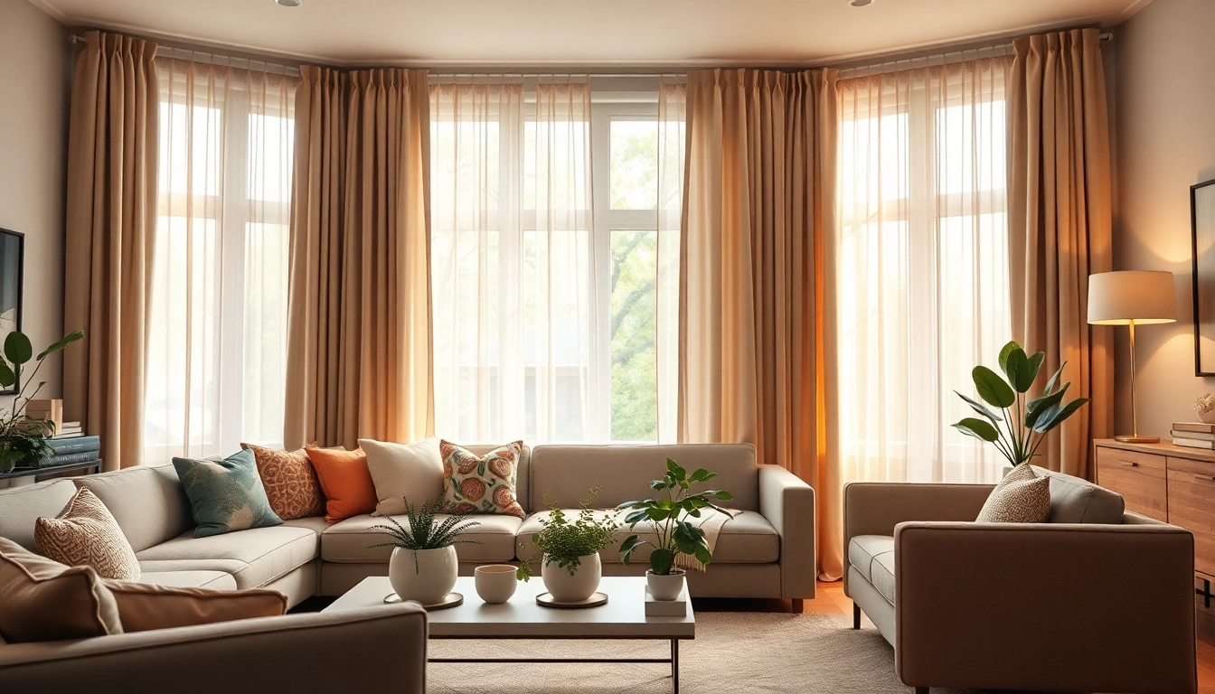 Verduisterende gordijnen in een stijlvolle woonkamer met natuurlijke uitstraling.