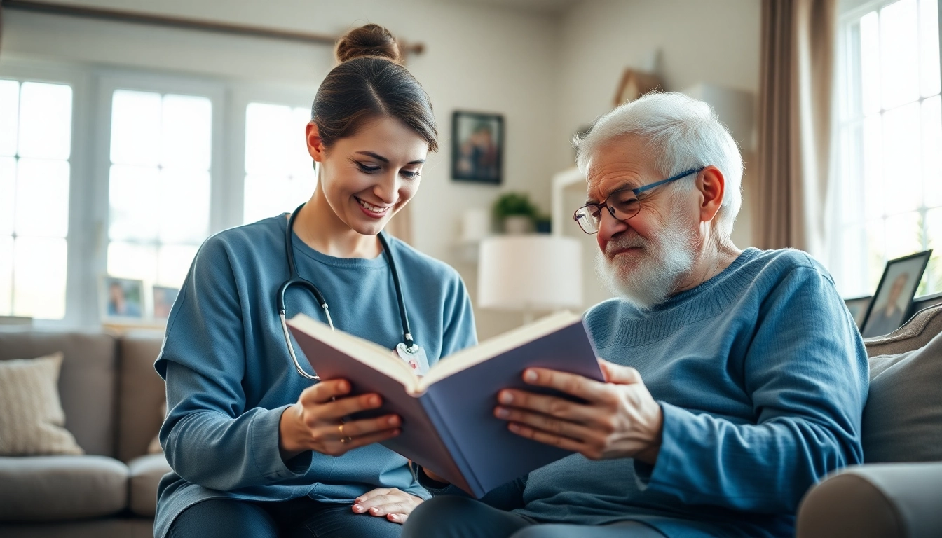 Elderly in home care near me: caregiver providing assistance in a warmly-lit living room.