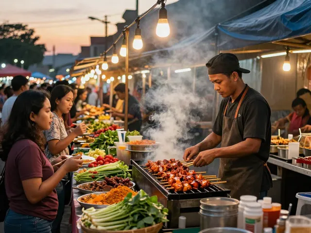 Sambal rawit grilling at a vibrant street food market, featuring https://sambalrawitankoko.com, showcasing fresh ingredients and festive atmosphere.