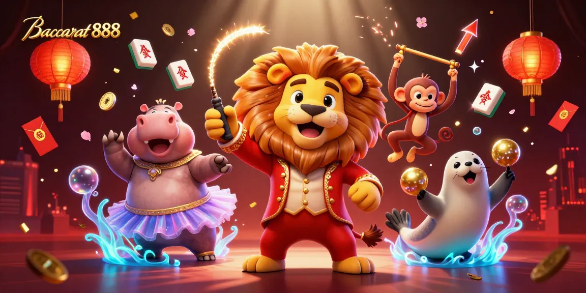 Baccarat888 showcases thrilling action with a lion, hippo, monkey, and seal amidst dynamic game elements.