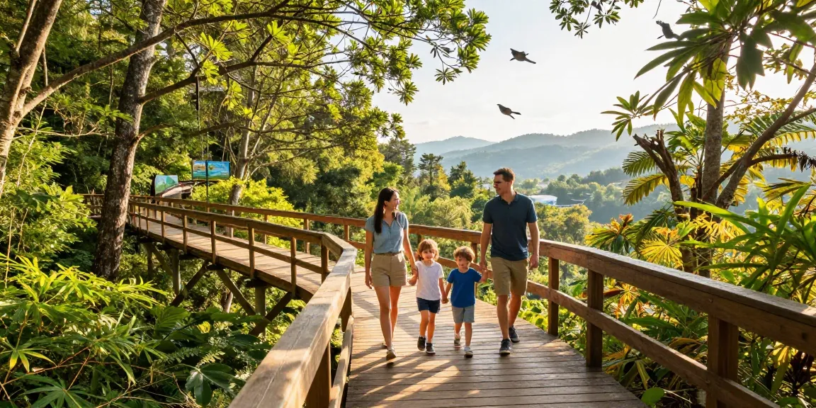 Treetop Walkway featuring a family enjoying an elevated forest experience with vibrant foliage.