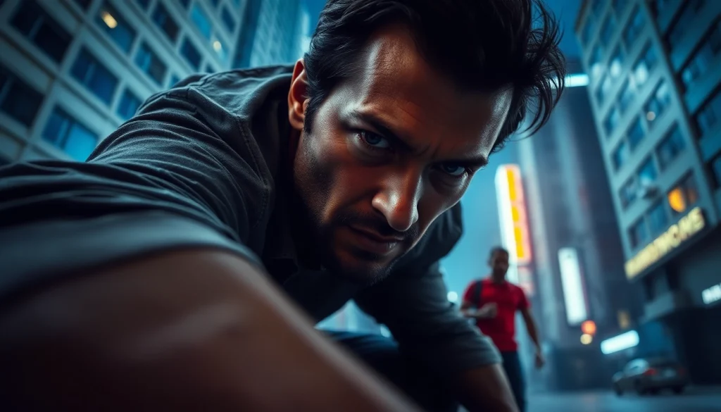 Action-packed moment of a protagonist embodying intrigue and suspense, better than Reacher.