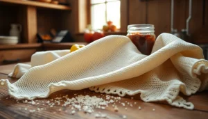 Kaasdoek mooi uitgestald op een houten tafel met huisgemaakte jam en vers fruit.
