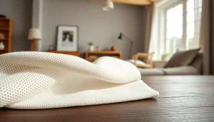 Katoen stof met natuurlijke vezels en een fijn geweven patroon op een donker houten oppervlak.