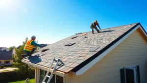 Skilled workers performing professional roofing services on a residential building in a suburban setting.