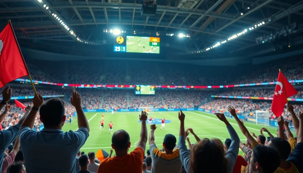 실시간스포츠중계 중에 열정적으로 응원하는 팬들과 화려한 경기장 풍경