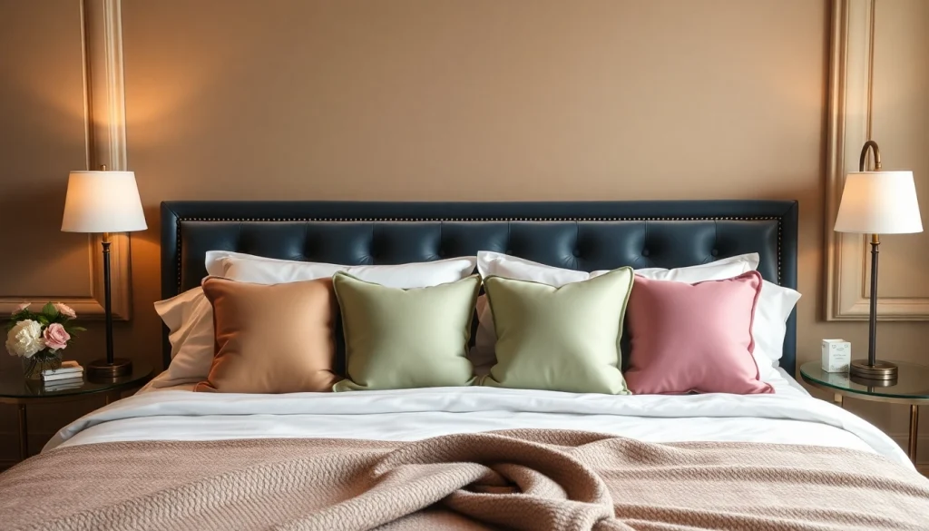 Cuscini per letto decorativi disposti su un letto elegante, con diverse texture e colori.