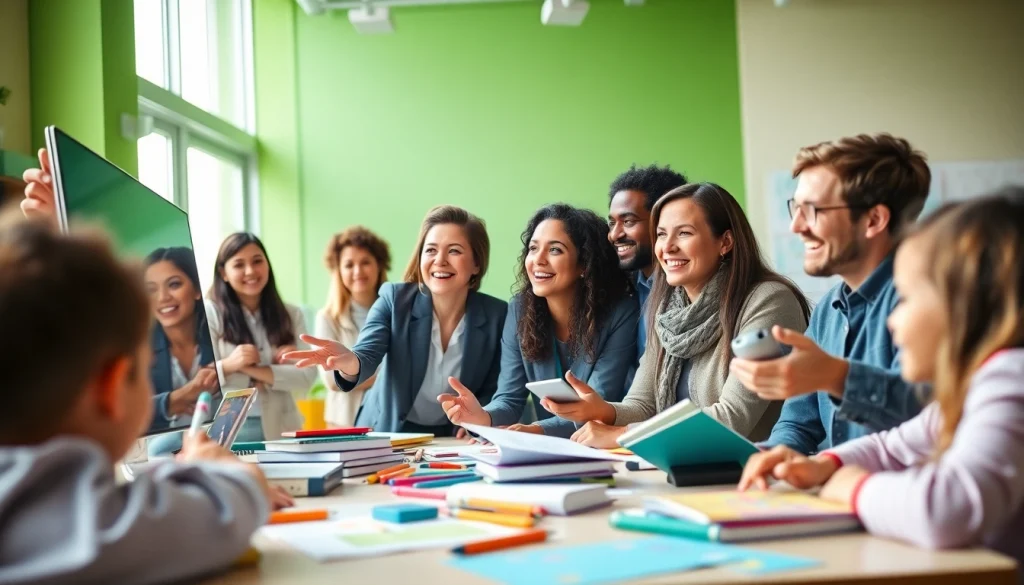 Engaging scene of educators collaborating in a modern classroom showcasing innovative Education tools.