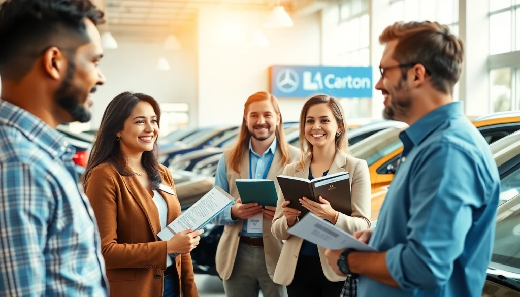 Buy a car easily with friendly sales help in a vibrant dealership setting.