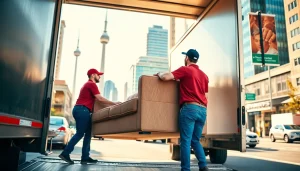 Efficient team providing Toronto moving services while lifting furniture during a city move.