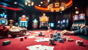 A vibrant casino scene with players at a betting table showcasing the excitement of Nhà Cái BJ888's gaming experience.