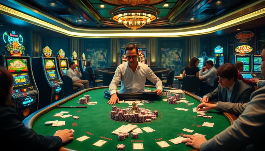 Experience the thrill of gà 6789 with vibrant casino action showcasing poker tables and roulette.