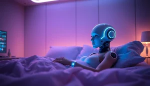 Engagement between a person and an AI sex bot in a futuristic, intimate bedroom setting.