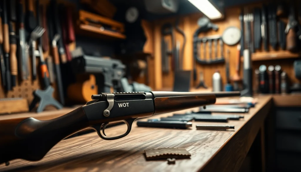 Check the wot trigger price featured prominently in a professional gunsmithing setting with tools.