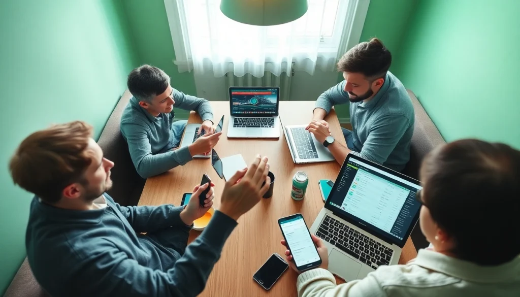 Engaged fans exploring online sportsbooks Nova Scotia on their devices in a bright setting.