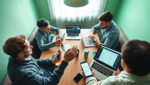 Engaged fans exploring online sportsbooks Nova Scotia on their devices in a bright setting.