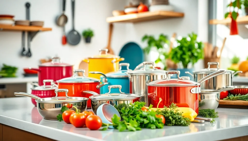 Shop quality cookware at our cookware shop Auckland displaying vibrant utensils and pots.