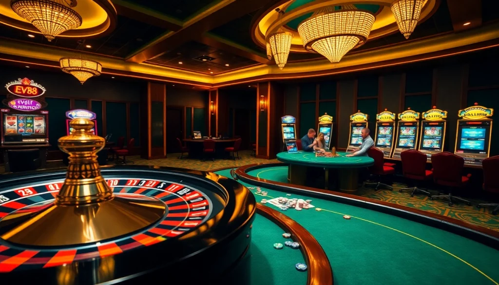 Players enjoying games at ev88 casino, featuring roulette, poker, and vibrant slot machines.