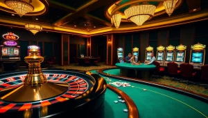 Players enjoying games at ev88 casino, featuring roulette, poker, and vibrant slot machines.
