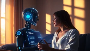 Engaging AI chat sex interaction with a futuristic chatbot in a cozy setting