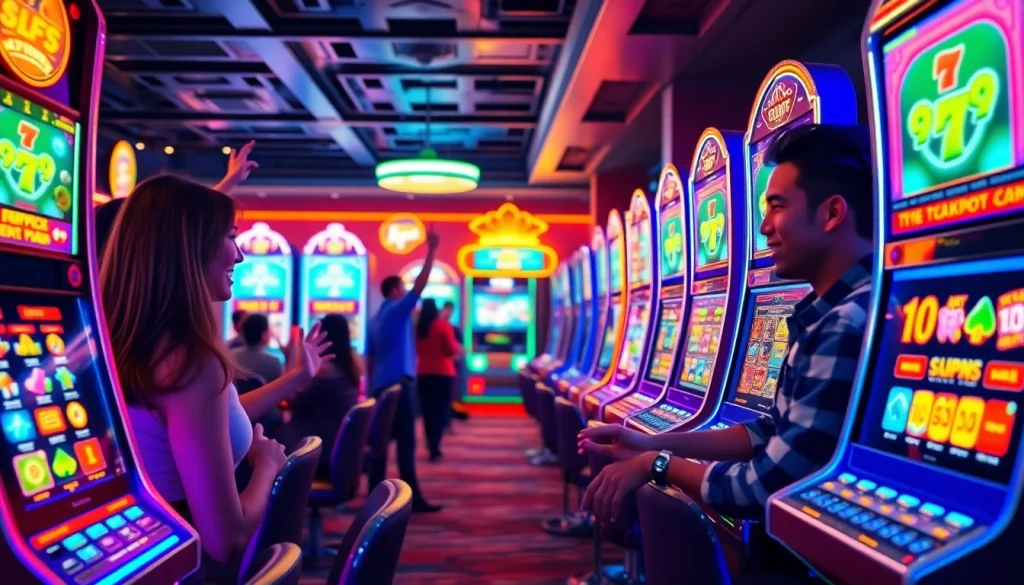 Exciting online gaming scene with players at hoki138 pro slot machines celebrating wins.