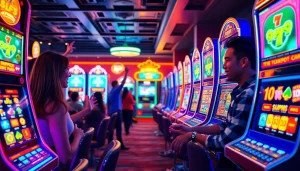 Exciting online gaming scene with players at hoki138 pro slot machines celebrating wins.