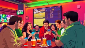 Engaged bettors using online sportsbooks Georgia amidst a lively sports bar atmosphere.