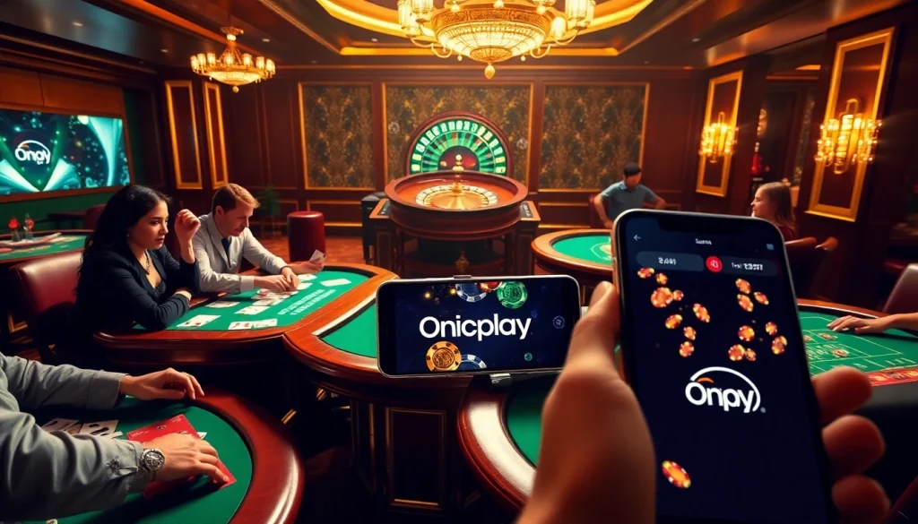 Players enjoying a vibrant Onicplay casino experience with poker tables and digital interfaces.