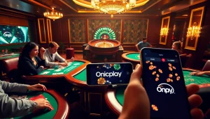 Players enjoying a vibrant Onicplay casino experience with poker tables and digital interfaces.
