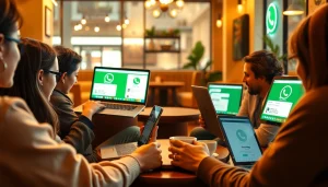 在舒适的咖啡馆场景中，朋友们使用快连VPN与 WhatsApp Web，展现社交连通性。