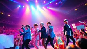 BTS news reveals members performing energetically at a vibrant concert event filled with fans.