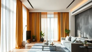 Verduisterende gordijnen in een moderne woonkamer met elegant ontwerp en warme kleuren.