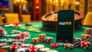 Play exciting games at vua99 with a vibrant casino atmosphere featuring cards and chips.