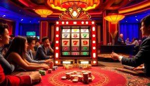 Experience the excitement of a mahjong slot demo at a vibrant casino, featuring colorful Mahjong tiles and eager players.