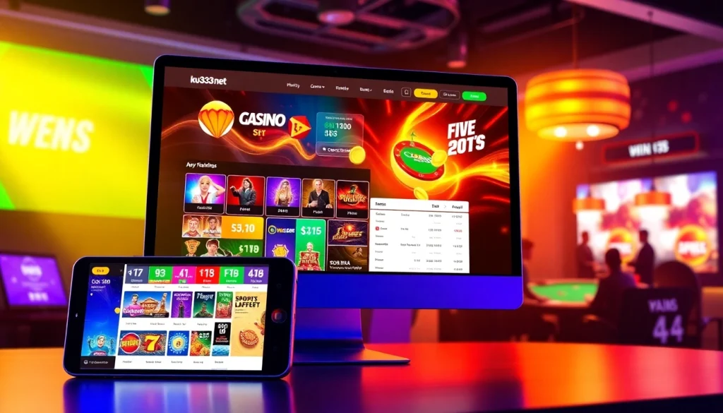 Khung cảnh hấp dẫn của nền tảng cá cược trực tuyến ku3933 net, trình diễn các trò slot và xổ số.