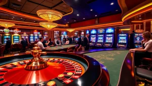 Gambling at idnslot with a luxurious atmosphere featuring vibrant slot machines and roulette tables.