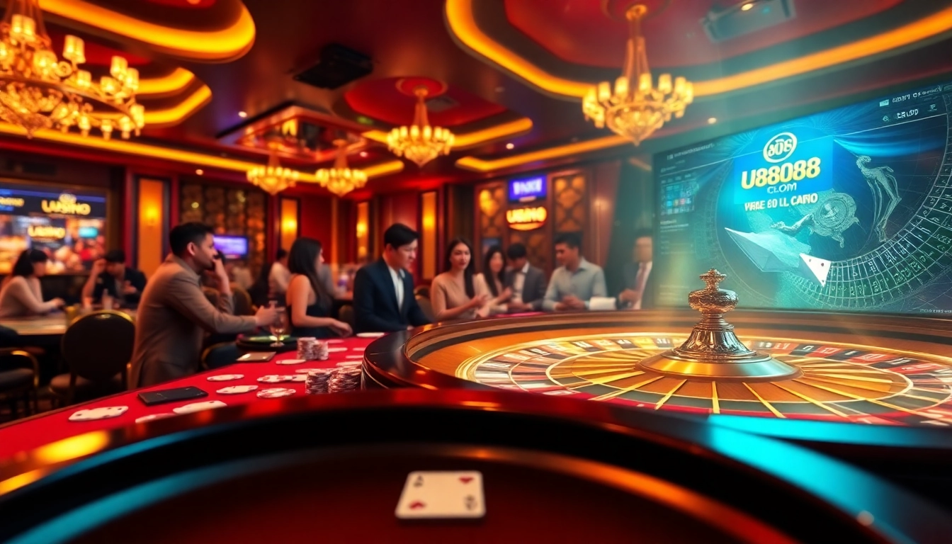 Experience the excitement of gambling at U888u88.com with players at a luxury casino table full of cards and chips.