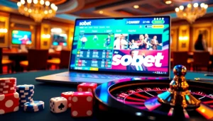 Engaging sbobet online betting interface with poker chips and roulette wheel.