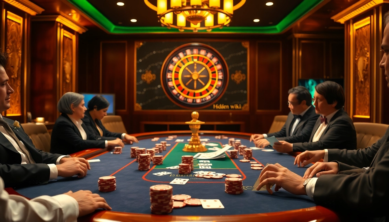 Engaging players at a poker table strategizing with the hidden wiki link prominently featured.