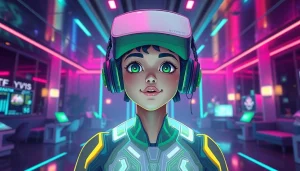 Engaging NSFW AI character in a futuristic digital lounge environment.