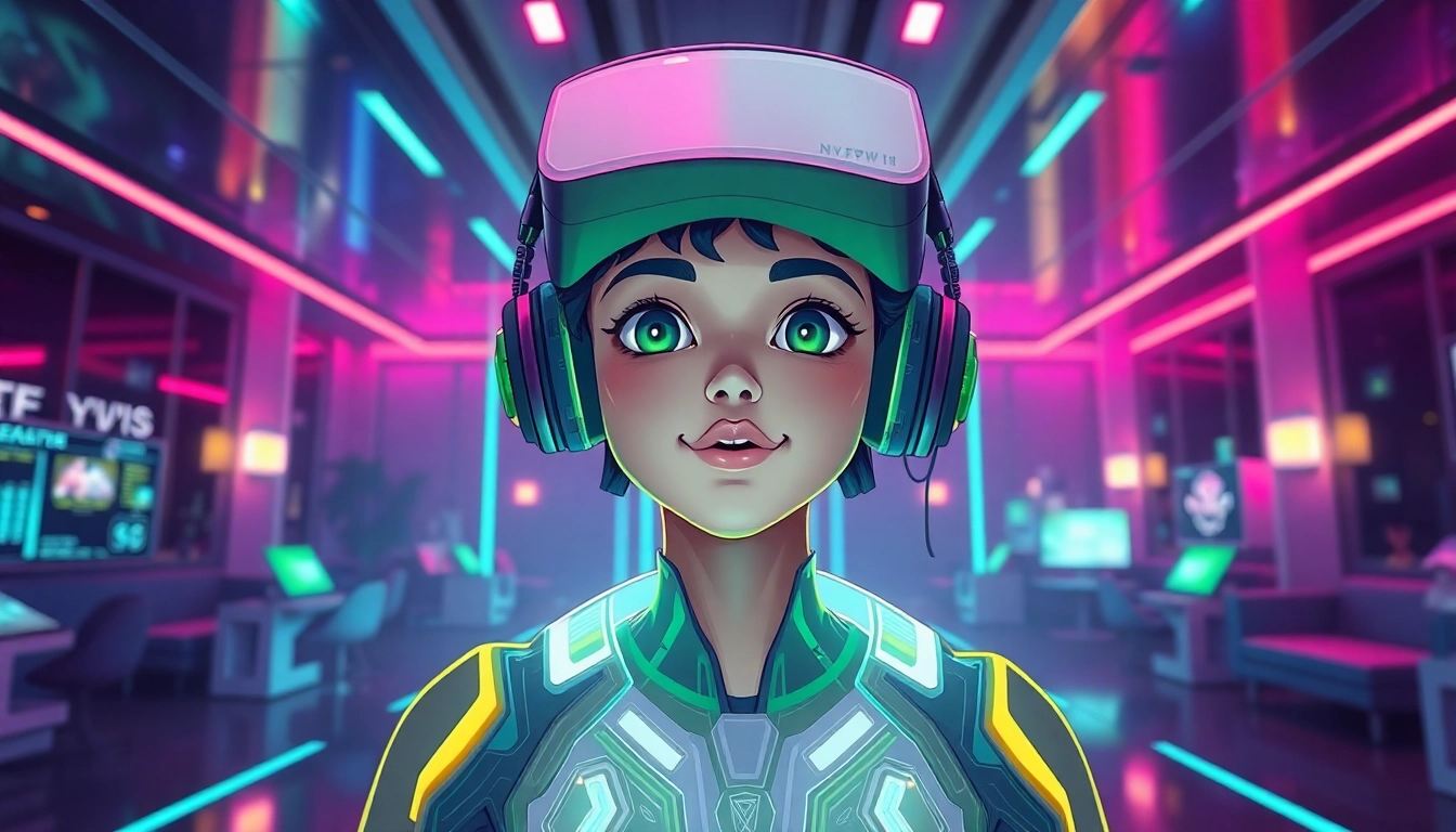 Engaging NSFW AI character in a futuristic digital lounge environment.