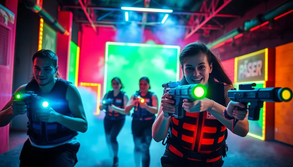 Engaged players in a vibrant laser tag arena showcasing teamwork and strategy.