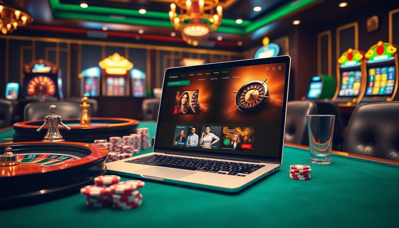 Une scène vibrante de casino en ligne Français présentant une interface de jeu élégante avec des roues de roulette et des machines à sous colorées.