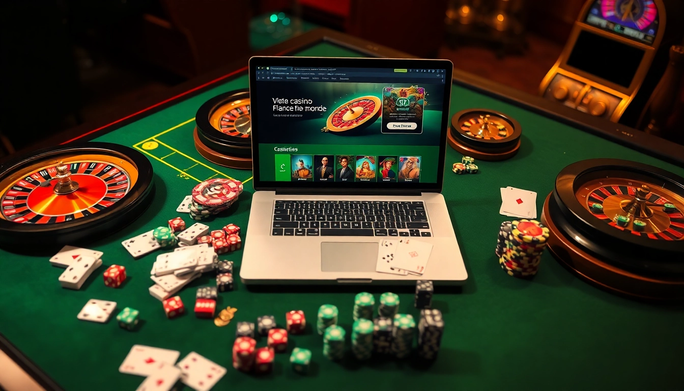 Découvrez l'excitation du casino en ligne France fiable avec une roulette vibrante, des jetons de poker et une interface de jeu en ligne élégante.